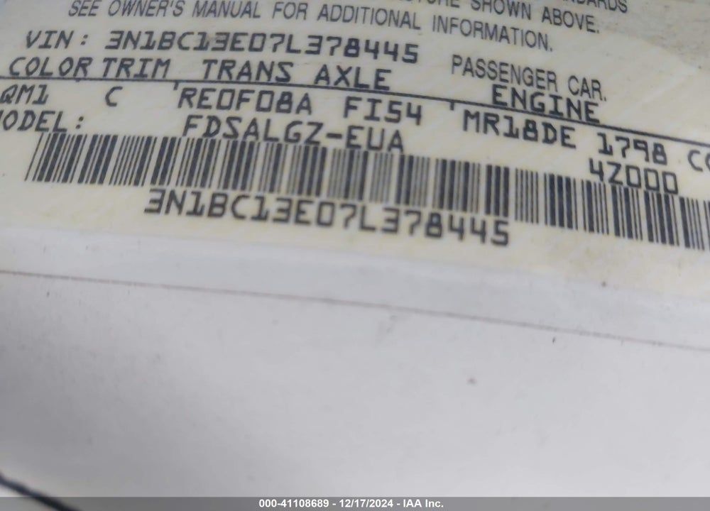 2007 NISSAN VERSA 1.8SL VIN: 3N1BC13E07L378445