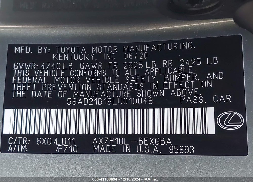 2020 LEXUS ES 300H VIN: 58AD21B19LU010048