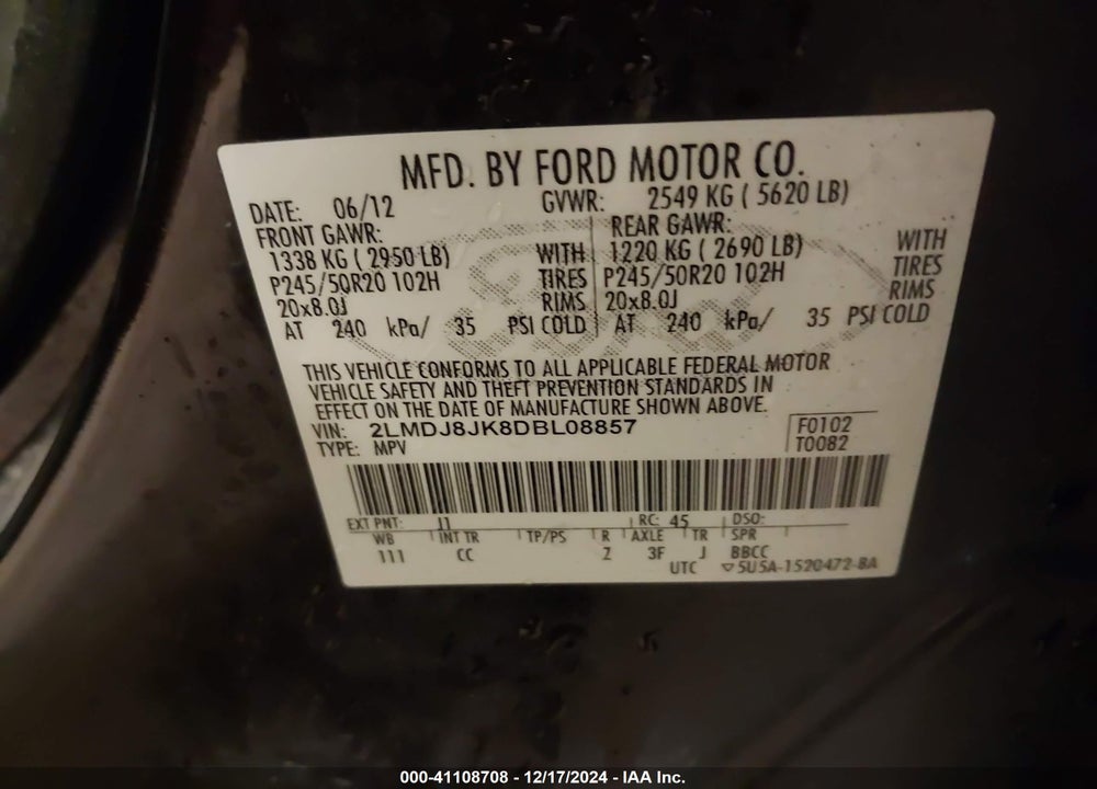 2013 LINCOLN MKX VIN: 2LMDJ8JK8DBL08857