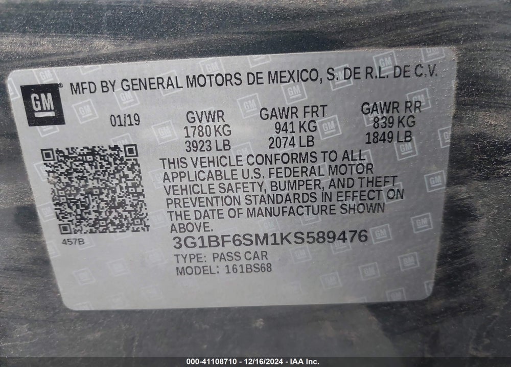 2019 CHEVROLET CRUZE PREMIER VIN: 3G1BF6SM1KS589476