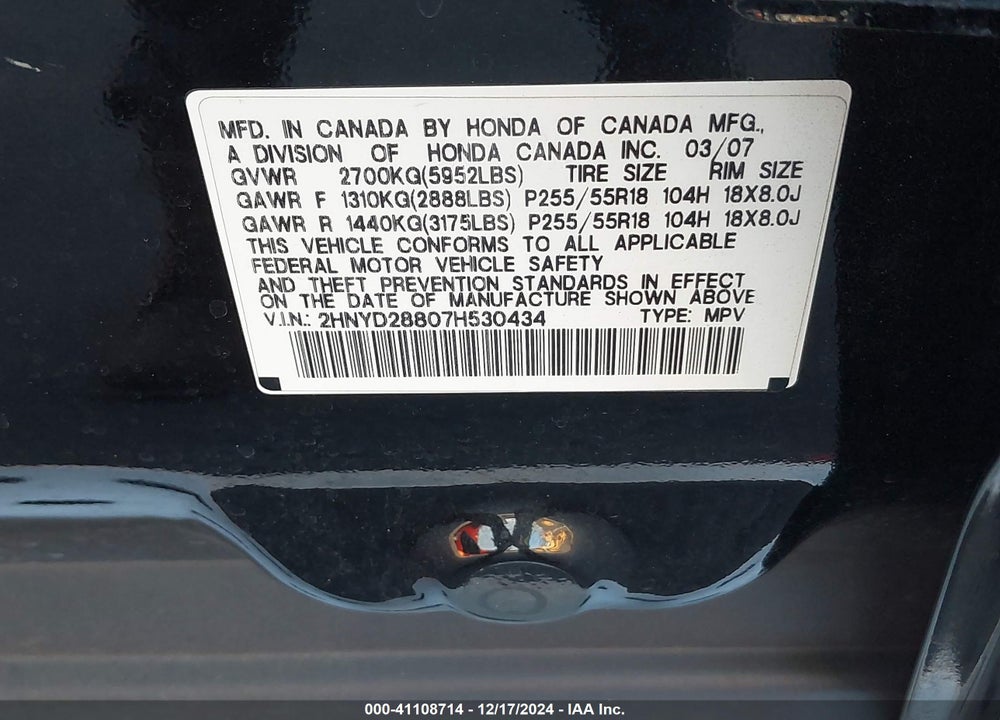 2007 ACURA MDX SPORT PACKAGE VIN: 2HNYD28807H530434