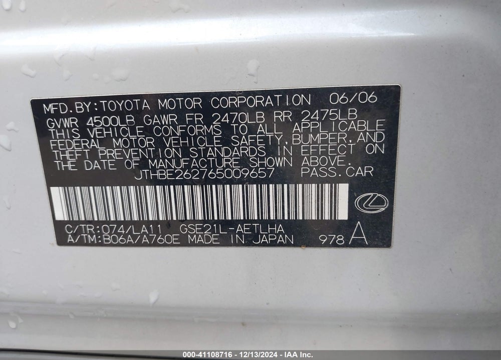 2006 LEXUS IS 350 VIN: JTHBE262765009657