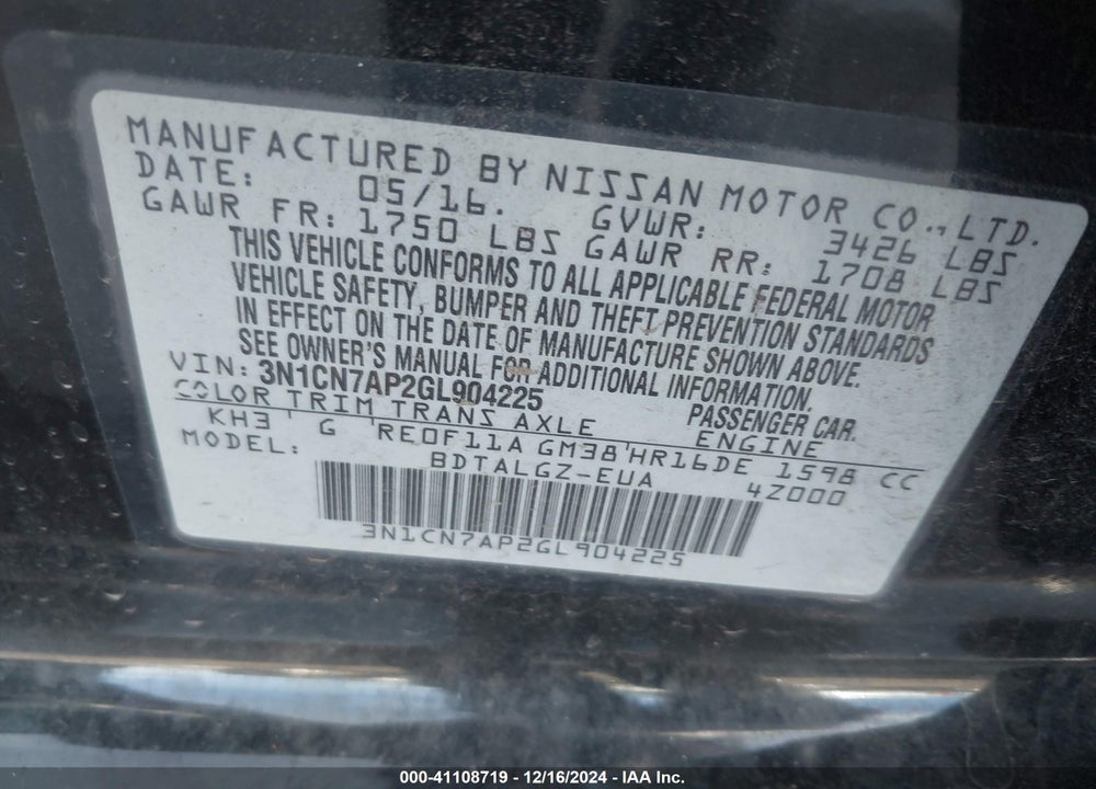2016 NISSAN VERSA 1.6 SL VIN: 3N1CN7AP2GL904225
