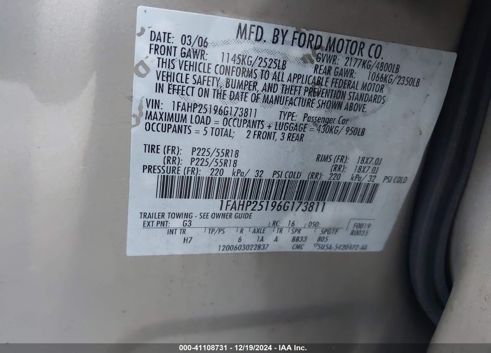 2006 FORD FIVE HUNDRED LIMITED VIN: 1FAHP25196G173811