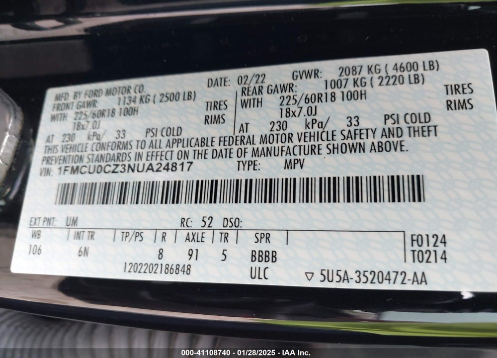 2022 FORD ESCAPE SEL HYBRID VIN: 1FMCU0CZ3NUA24817