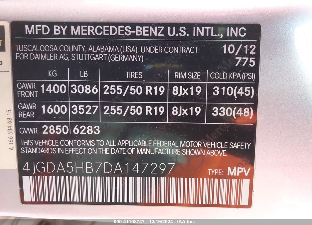 2013 MERCEDES-BENZ ML 350 4MATIC VIN: 4JGDA5HB7DA147297
