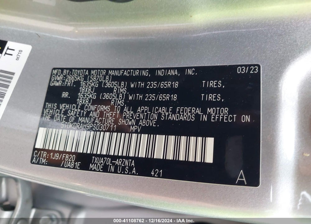 2023 TOYOTA HIGHLANDER L VIN: 5TDKDRAH9PS030711