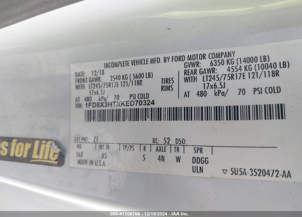 2019 FORD F-350 CHASSIS XL VIN: 1FD8X3HTXKED70324