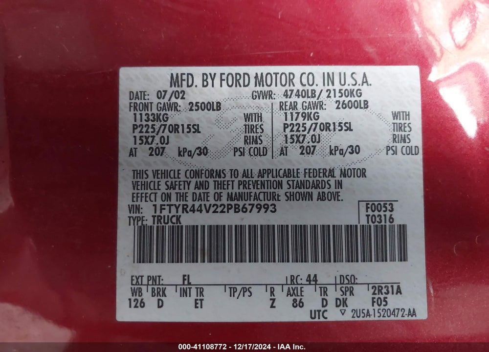 2002 FORD RANGER EDGE/TREMOR/XLT VIN: 1FTYR44V22PB67993