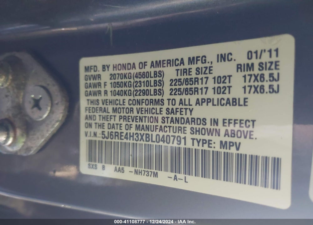 2011 HONDA CR-V LX VIN: 5J6RE4H3XBL040791