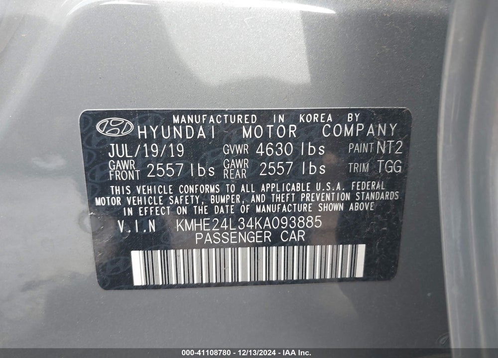 2019 HYUNDAI SONATA HYBRID SE VIN: KMHE24L34KA093885