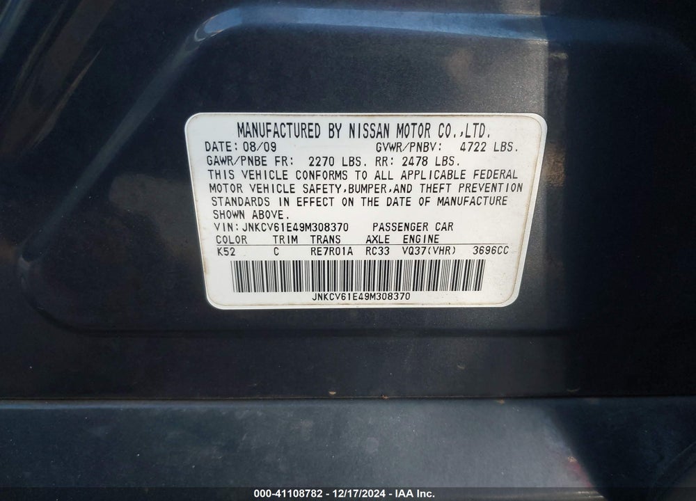 2009 INFINITI G37 VIN: JNKCV61E49M308370