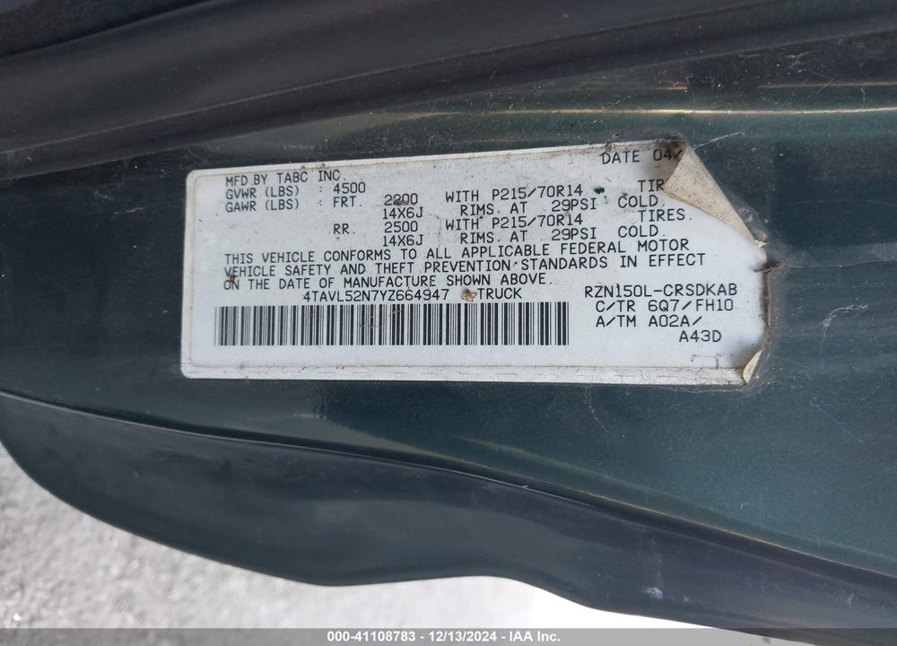 2000 TOYOTA TACOMA VIN: 4TAVL52N7YZ664947