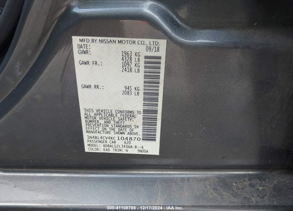 2019 NISSAN ALTIMA VIN: 1N4BL4CV4KC104870