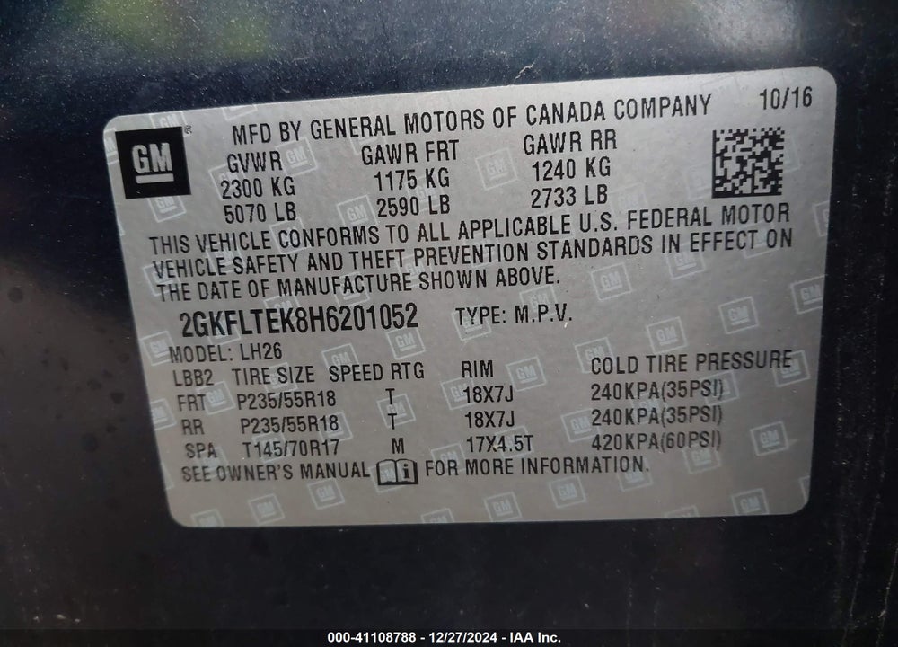 2017 GMC TERRAIN SLE-2 VIN: 2GKFLTEK8H6201052