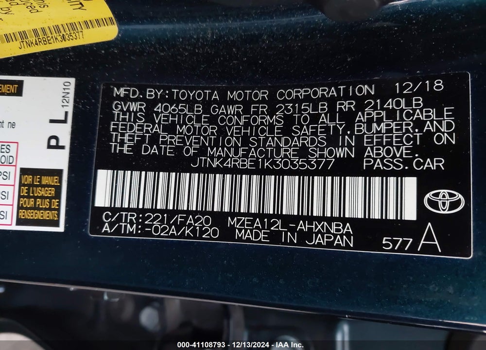 2019 TOYOTA COROLLA SE VIN: JTNK4RBE1K3035377