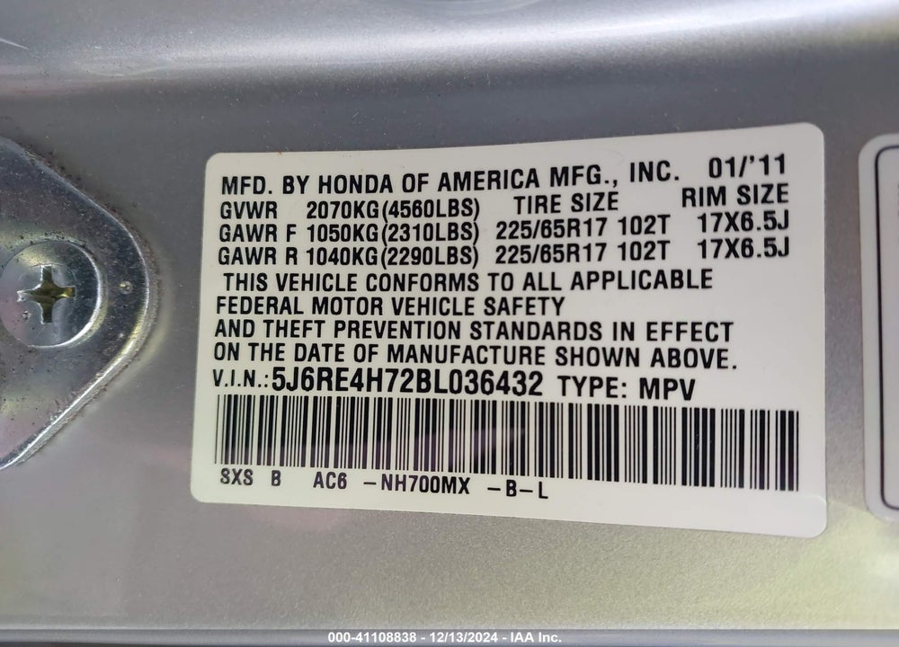 2011 HONDA CR-V EX-L VIN: 5J6RE4H72BL036432