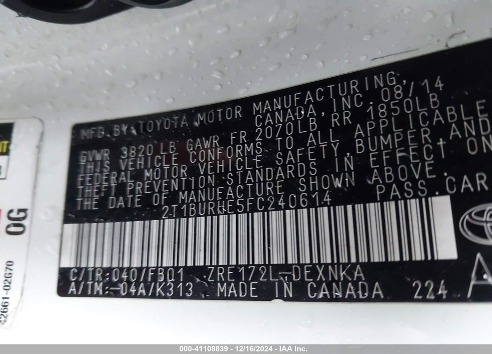 2015 TOYOTA COROLLA LE VIN: 2T1BURHE5FC240614