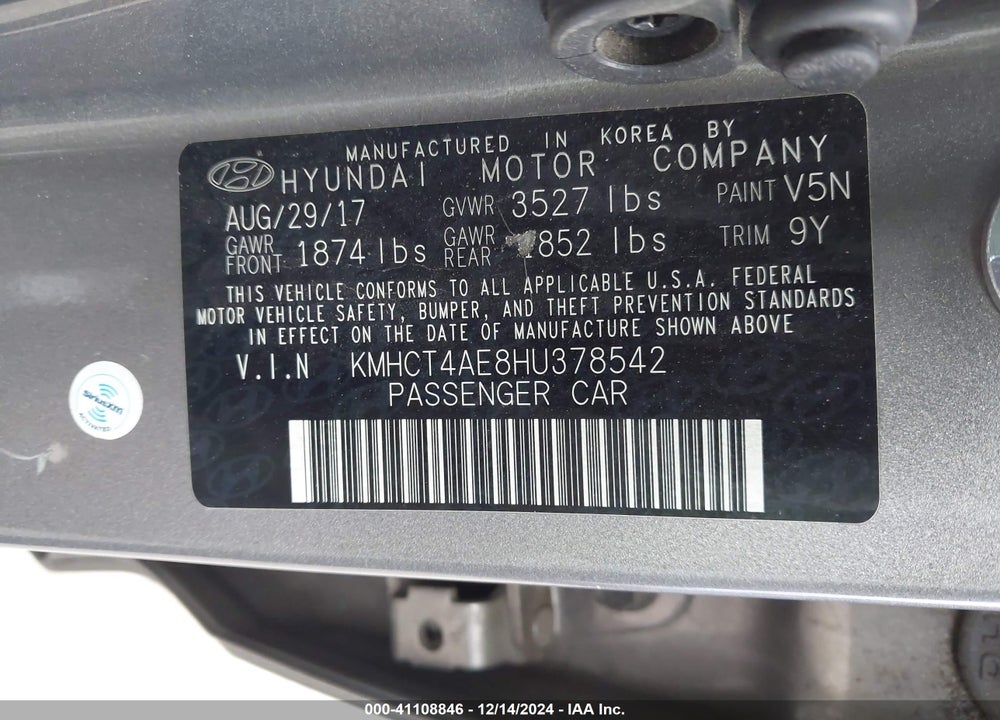 2017 HYUNDAI ACCENT SE VIN: KMHCT4AE8HU378542