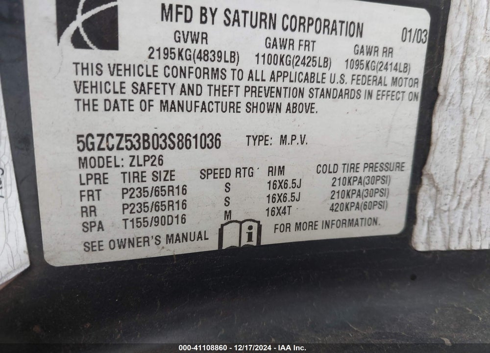 2003 SATURN VUE V6 VIN: 5GZCZ53B03S861036