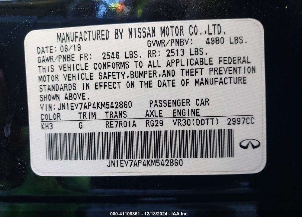 2019 INFINITI Q50 3.0T LUXE VIN: JN1EV7AP4KM542860