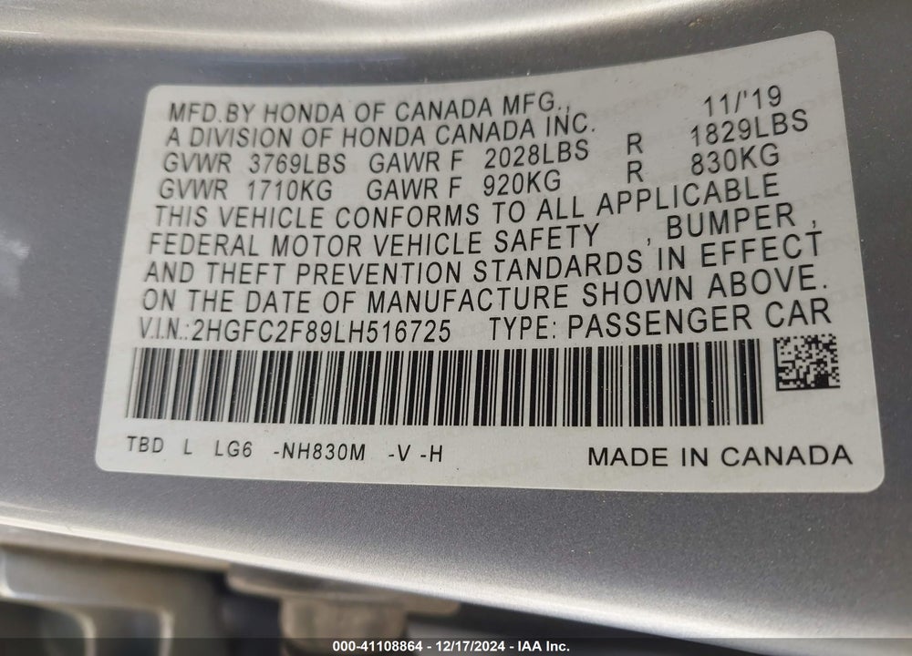 2020 HONDA CIVIC SPORT VIN: 2HGFC2F89LH516725