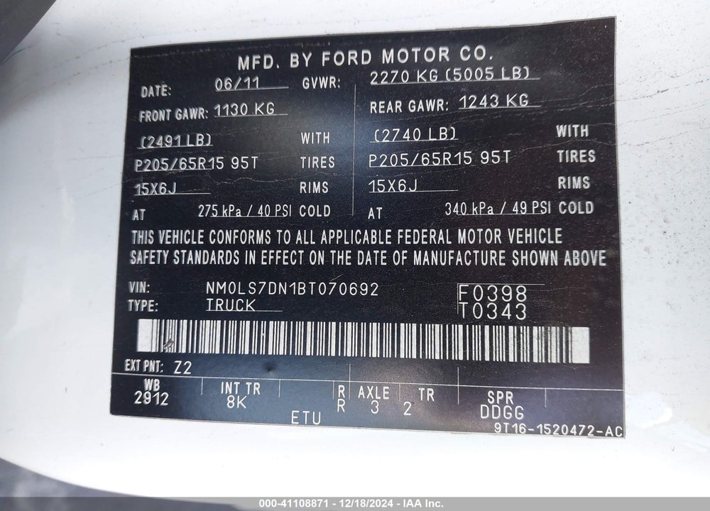 2011 FORD TRANSIT CONNECT XLT VIN: NM0LS7DN1BT070692