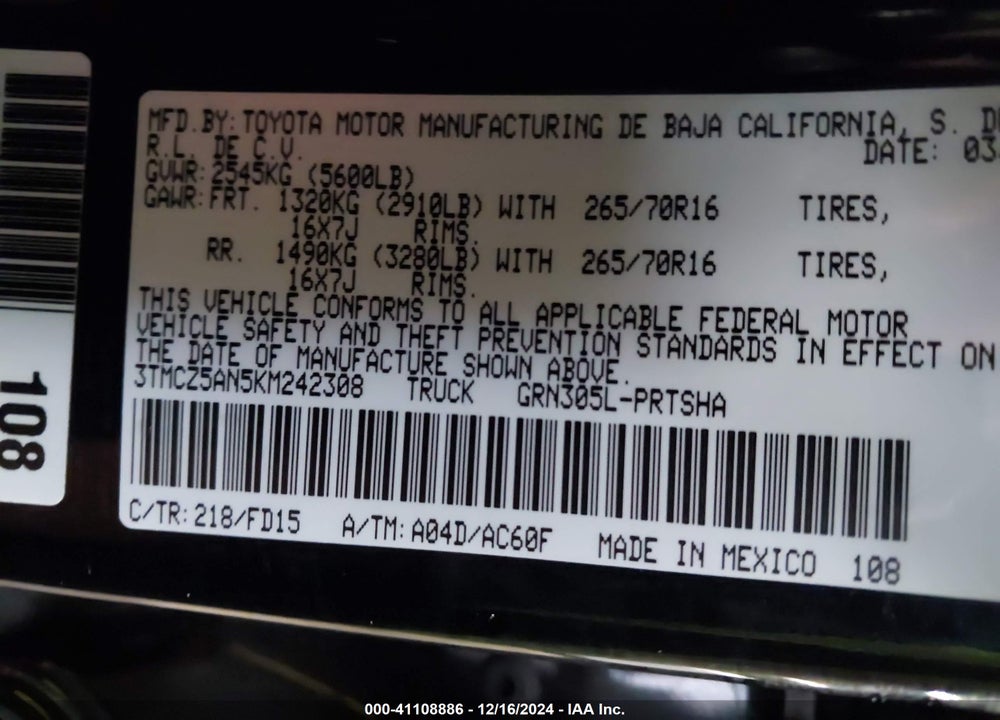 2019 TOYOTA TACOMA VIN: 3TMCZ5AN5KM242308