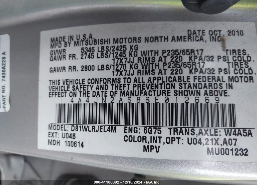 2011 MITSUBISHI ENDEAVOR VIN: 4A4JN2AS8BE012669
