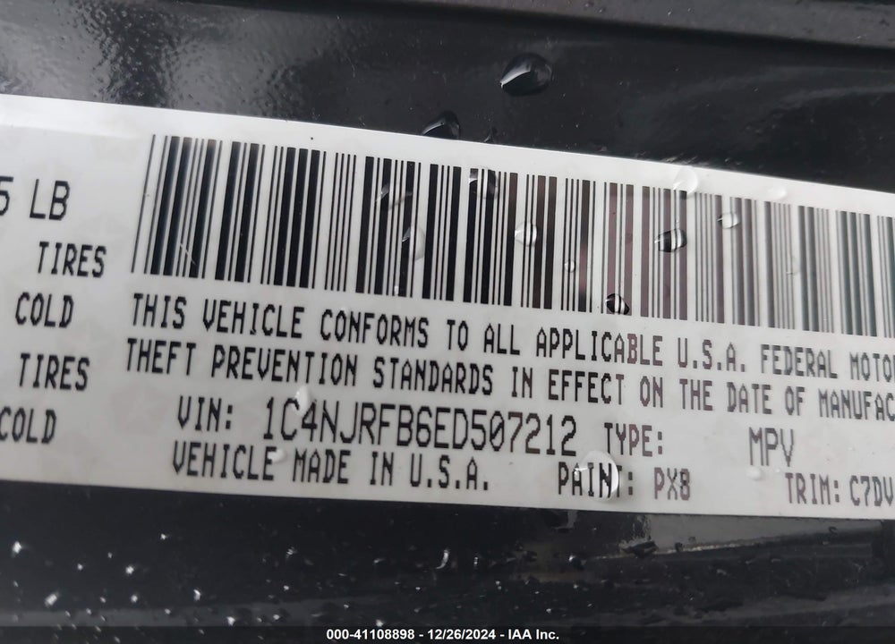 2014 JEEP PATRIOT LATITUDE VIN: 1C4NJRFB6ED507212