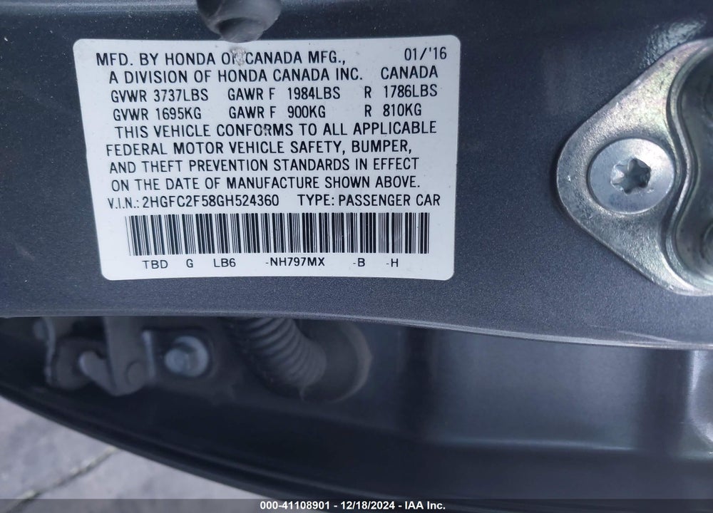 2016 HONDA CIVIC LX VIN: 2HGFC2F58GH524360