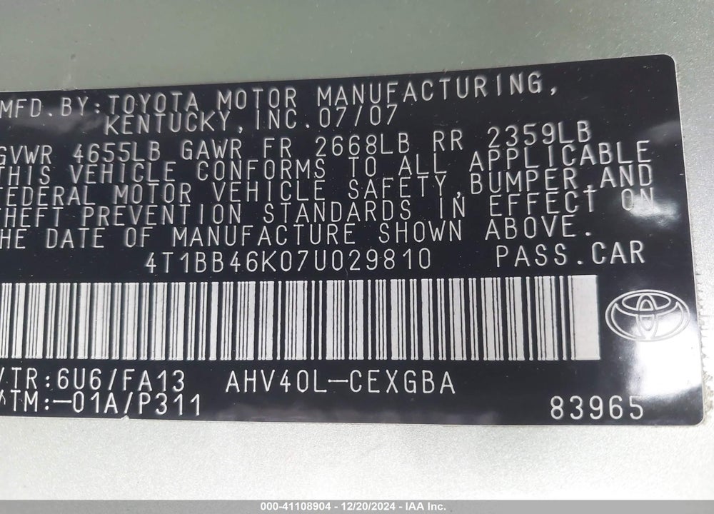 2007 TOYOTA CAMRY HYBRID VIN: 4T1BB46K07U029810