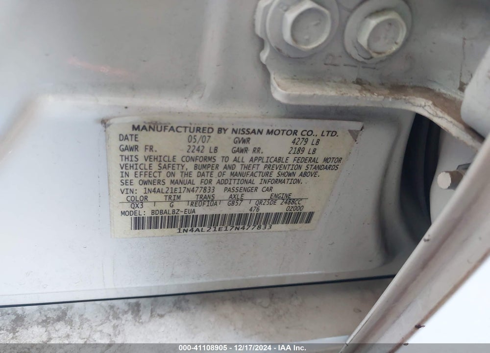 2007 NISSAN ALTIMA 2.5 S VIN: 1N4AL21E17N477833