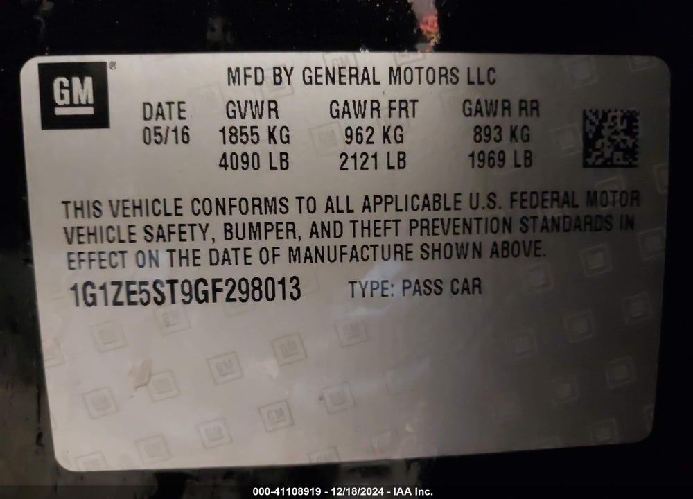 2016 CHEVROLET MALIBU 1LT VIN: 1G1ZE5ST9GF298013