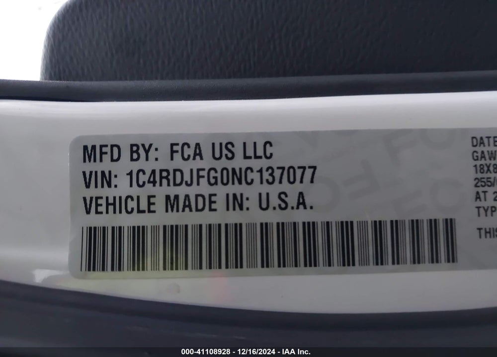 2022 DODGE DURANGO PURSUIT AWD VIN: 1C4RDJFG0NC137077
