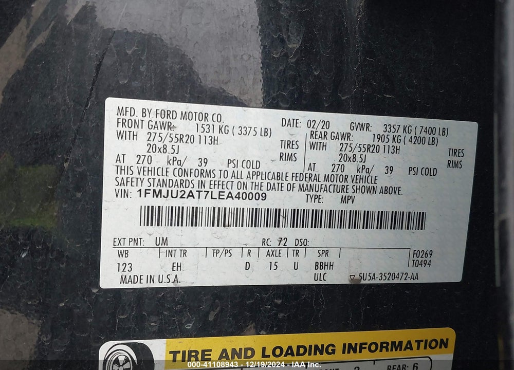 2020 FORD EXPEDITION LIMITED VIN: 1FMJU2AT7LEA40009