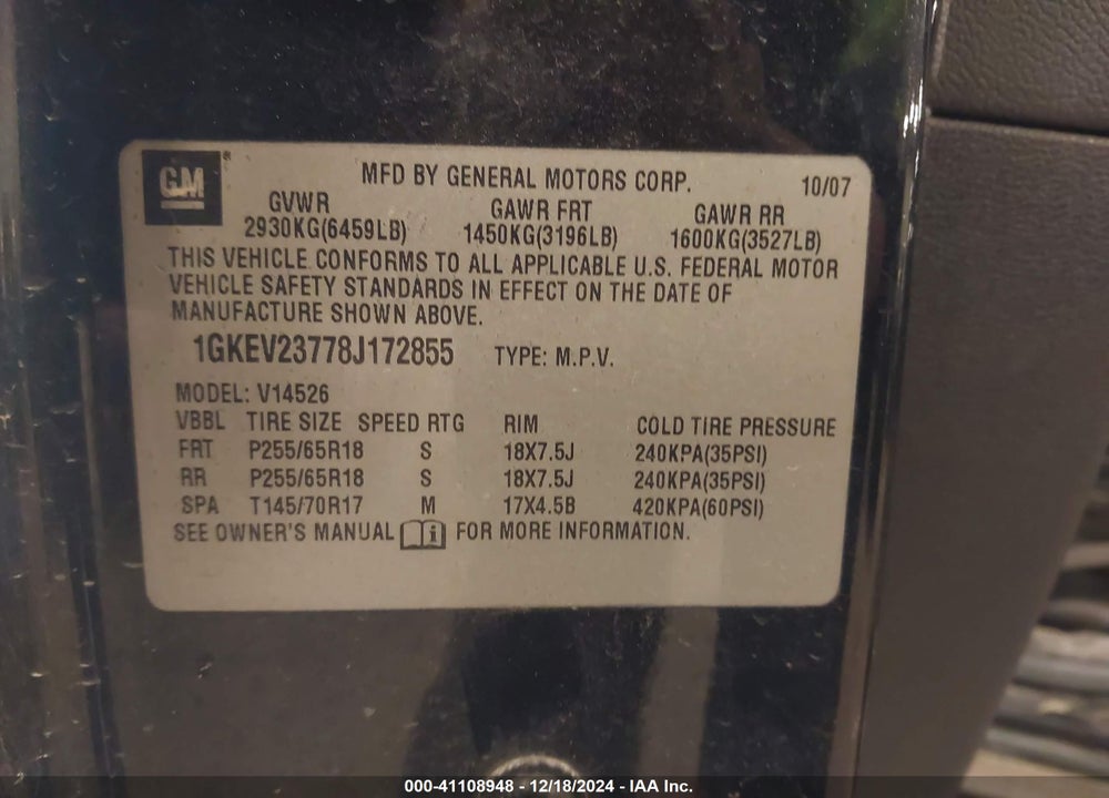 2008 GMC ACADIA SLT-1 VIN: 1GKEV23778J172855