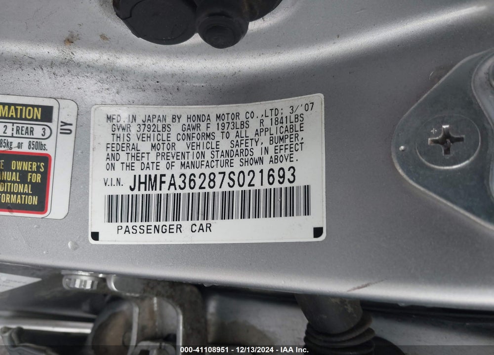 2007 HONDA CIVIC HYBRID VIN: JHMFA36287S021693