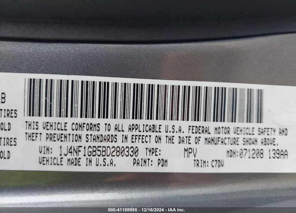 2011 JEEP PATRIOT SPORT VIN: 1J4NF1GB5BD280330