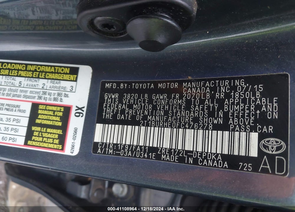 2015 TOYOTA COROLLA L VIN: 2T1BURHE0FC476278