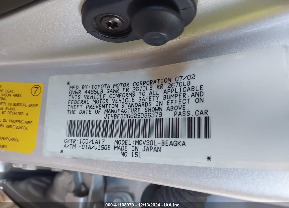 2002 LEXUS ES 300 VIN: JTHBF30G625036379