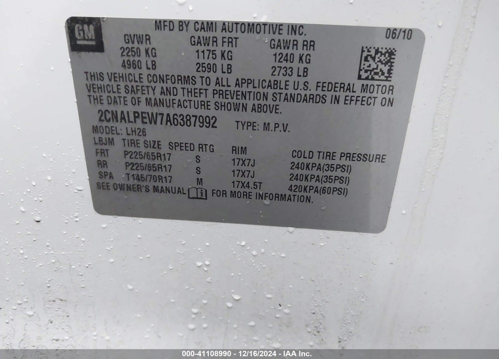 2010 CHEVROLET EQUINOX LT VIN: 2CNALPEW7A6387992