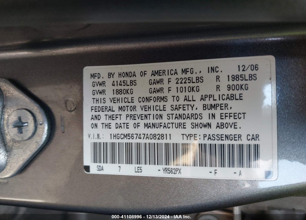 2007 HONDA ACCORD 2.4 EX VIN: 1HGCM56747A082811