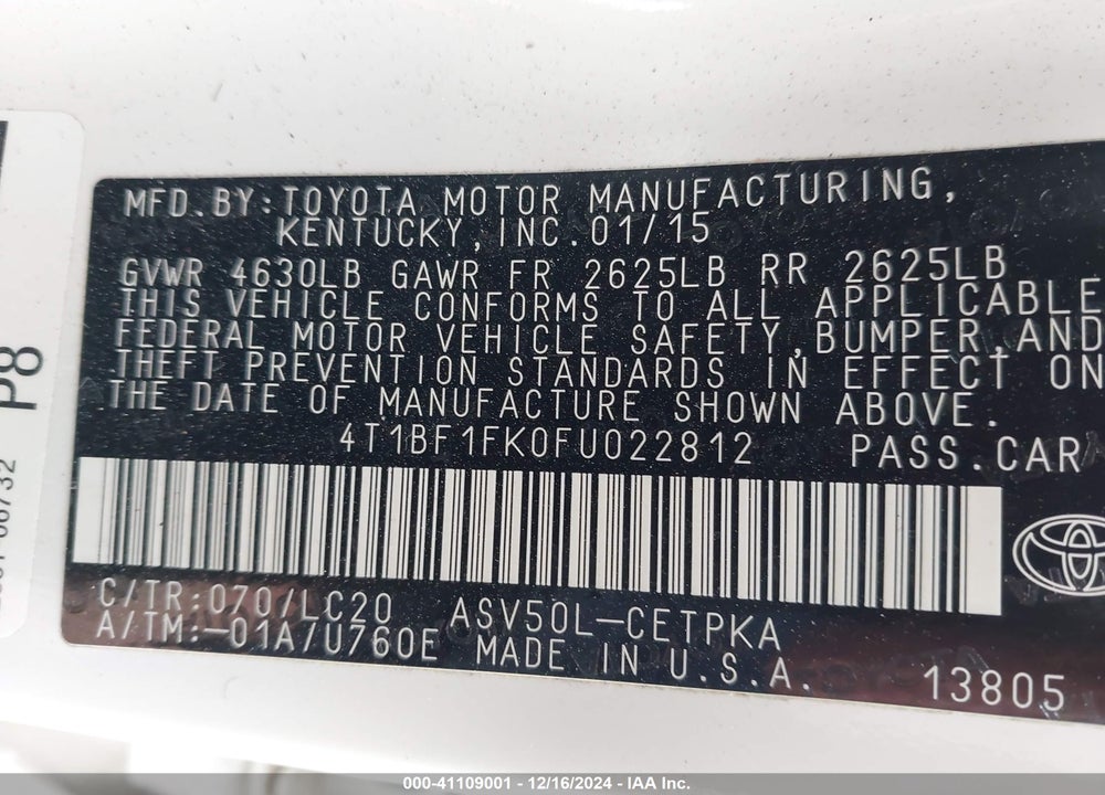 2015 TOYOTA CAMRY VIN: 4T1BF1FK0FU022812