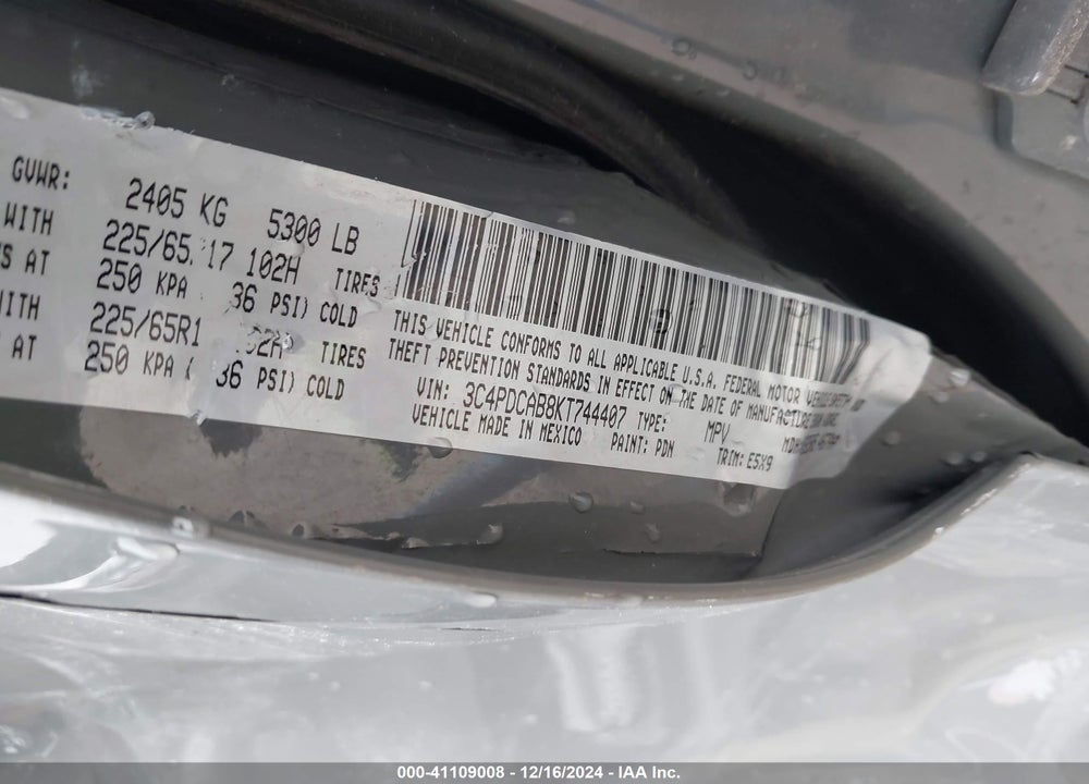 2019 DODGE JOURNEY SE VALUE PACKAGE VIN: 3C4PDCAB8KT744407