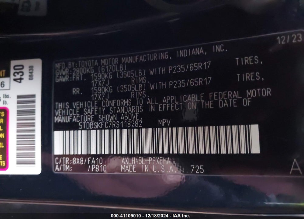 2024 TOYOTA SIENNA LE VIN: 5TDBSKFC7RS118282