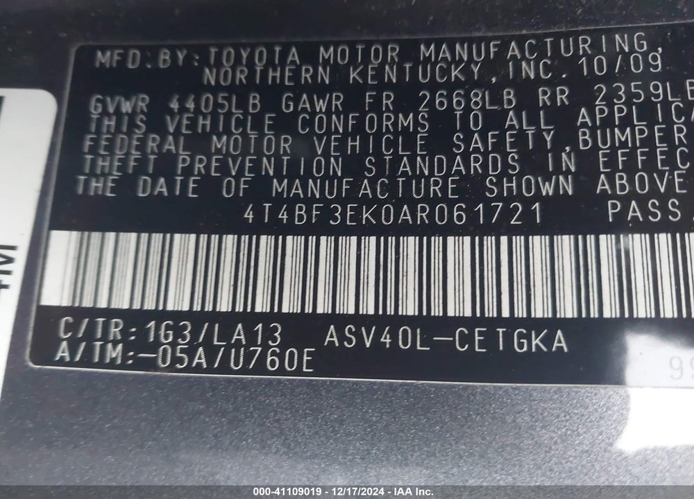 2010 TOYOTA CAMRY VIN: 4T4BF3EK0AR061721