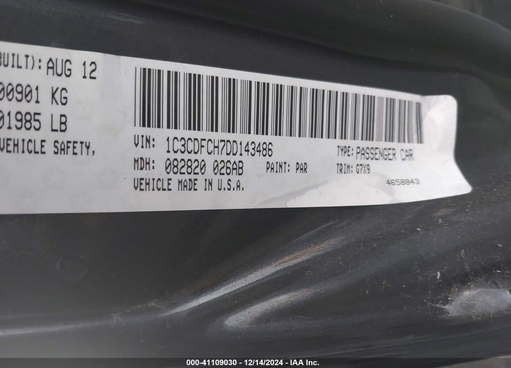 2013 DODGE DART VIN: 1C3CDFCH7DD143486