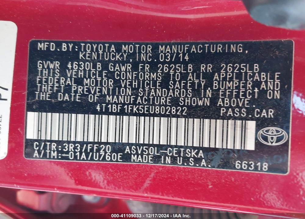 2014 TOYOTA CAMRY VIN: 4T1BF1FK5EU802822