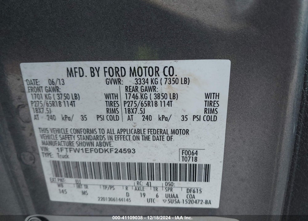 2013 FORD F-150 XLT VIN: 1FTFW1EF0DKF24593